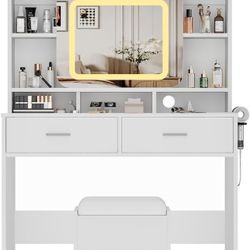 Vanity Sliding Desk and Stool with Mirror