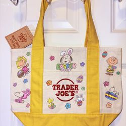 Trader Joe’s Mini Canvas Yellow Tote Hand Painted Easter Theme Reusable Bag