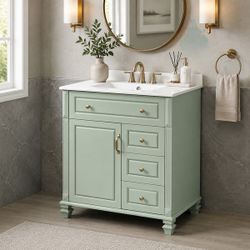 30 Inch Bathroom Vanity with Ceramic Sink, 4 Drawers, Storage Cabinet and Adjustable Shelf - Green N729P176237L