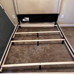 Queen Sized Beige Bed Frame With Box Spring And Mattress 