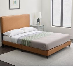 Edenbrook Platform Bed with Headboard – No Box Spring Needed – Faux Leather Upholstered Platform Bed Frame – Low Profile – Easy Assembly – Camel, Twin