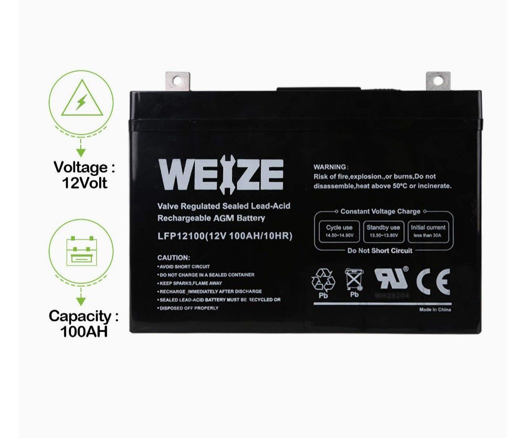 Wieze Battery 12 V 100AH Deep Cycle AGM SLA VRLA Battery for Solar System RV Camping Trolling Motor, in Series 24V 36V 48V