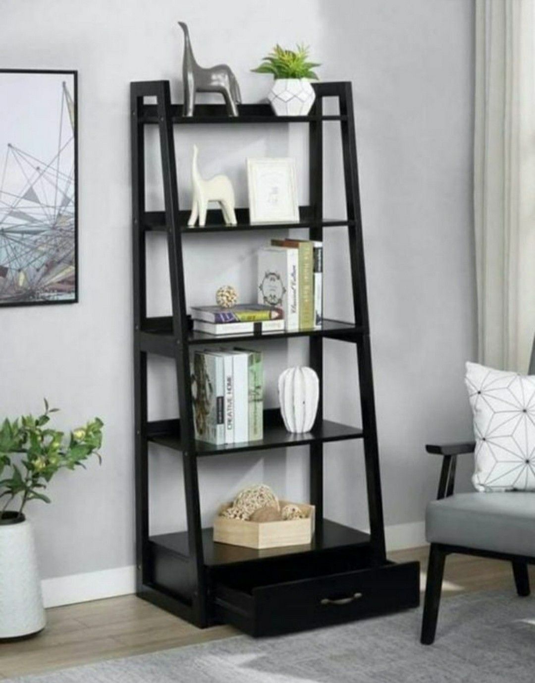 64" Black Wood 5-shelf Ladder Bookcase with Drawer