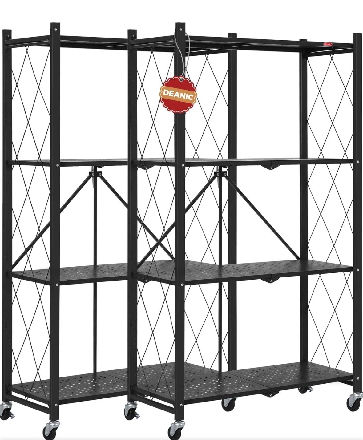 DEANIC 4 Tier Foldable Storage Shelves with Wheels, Large Capacity Shelving Unit, Freestanding Metal Wire Shelf Rack, No Assembly Organizer Rack for G