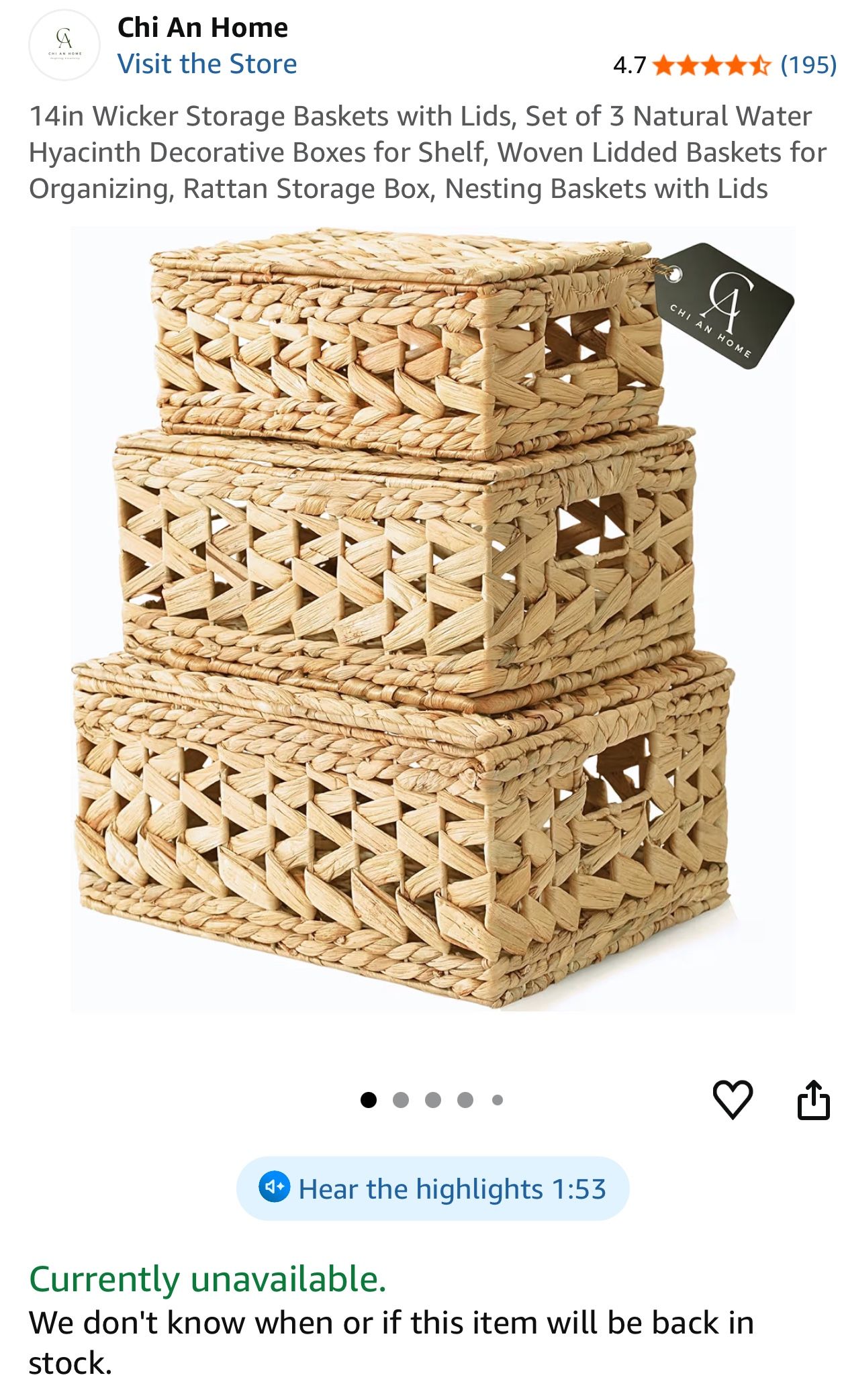14in Wicker Storage Baskets with Lids, Set of 3 Natural Water Hyacinth Decorative Boxes for Shelf, Woven Lidded Baskets for Organizing, Rattan Storage