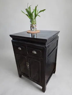 Vintage Chinese Black Lacquer Cabinet - 2 Drawer Accent Cabinet / Nightstand