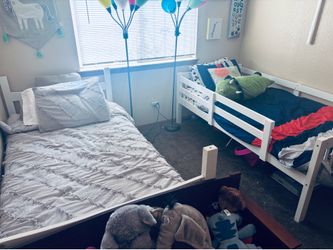 White wood, bunkbeds, and shelf White wood, bunkbeds, and shelf