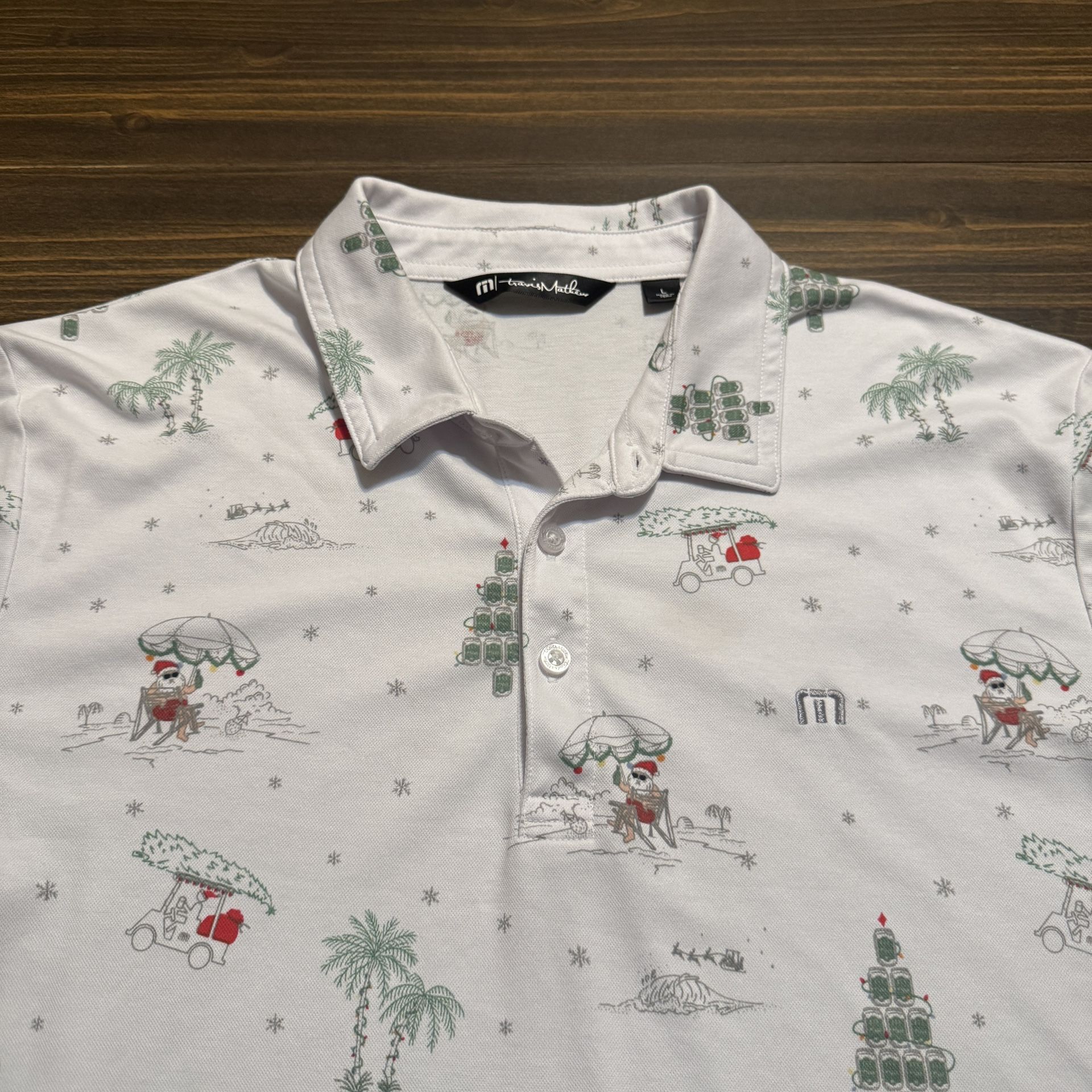 Travis Mathew Polo Men's Large Golf Activewear White Christmas All Over Print