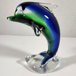 Vintage Murano Style Blue Green & Clear Dolphin Art Glass Paperweight