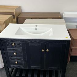 Black 36 inch Bathroom Vanity with Sink, Modern Single Bathroom Vanity with Sink with 3 Drawers Open Shelf