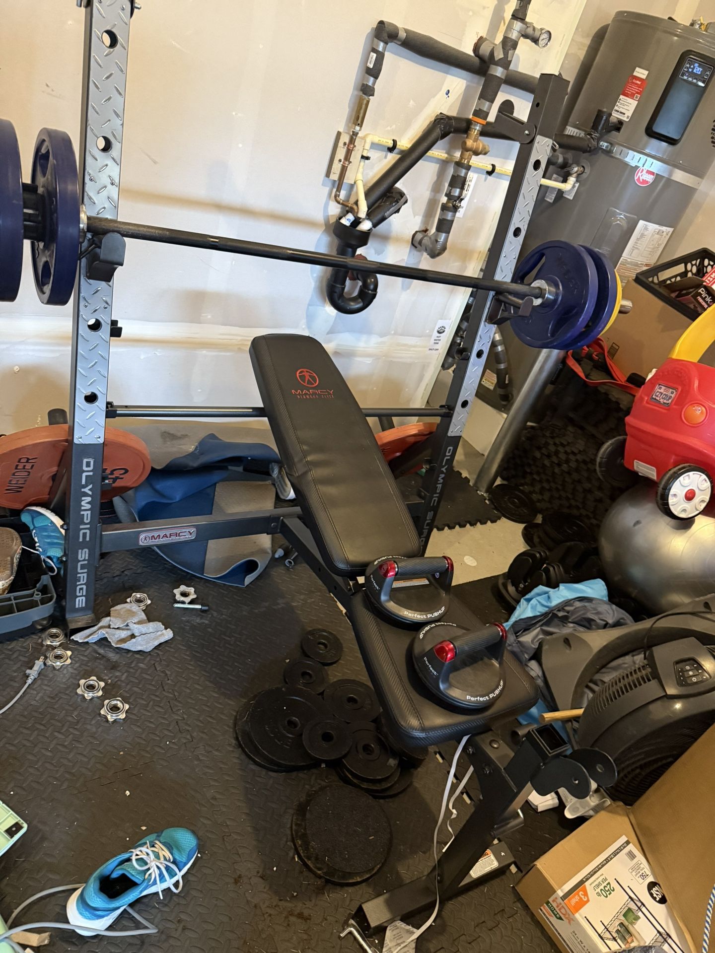 Selling Full Home Gym Weight Set – ~240 lbs Plates + Barbell + Bench