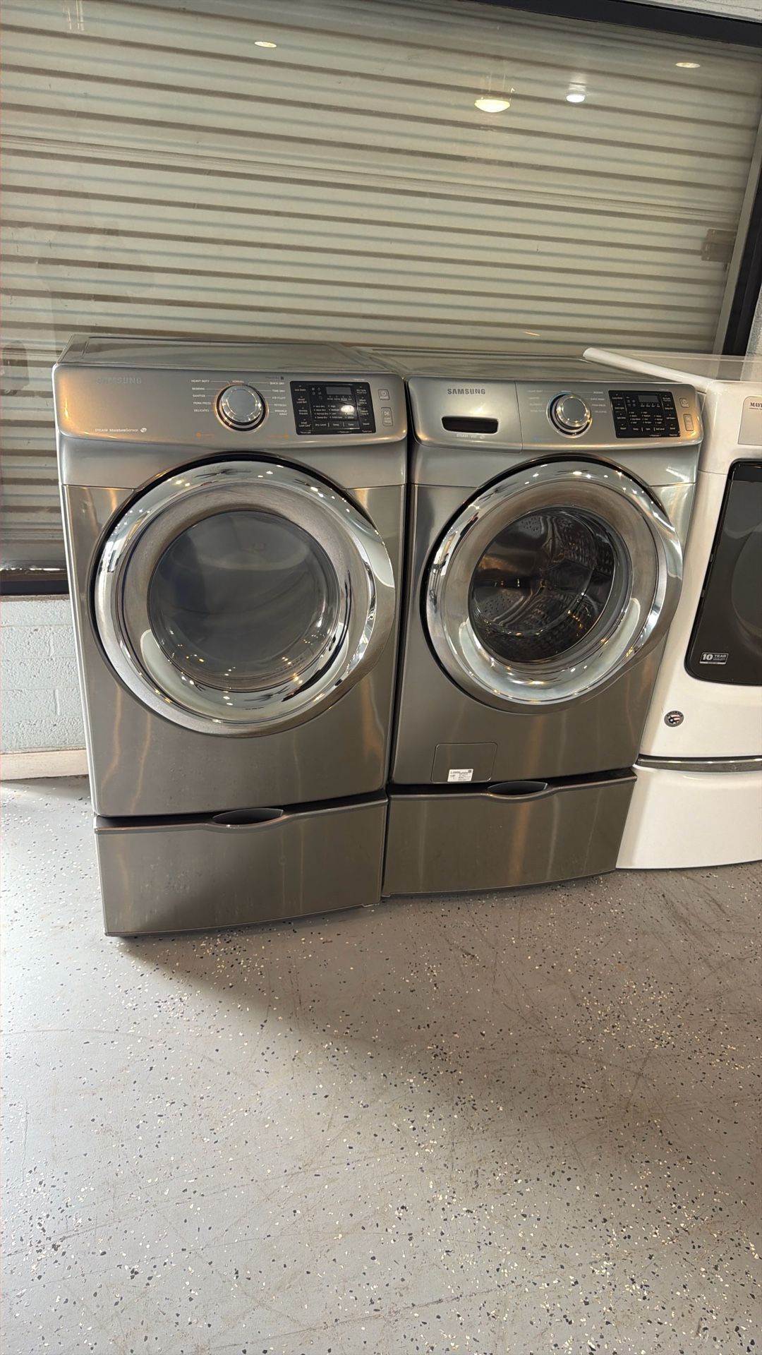 Beautiful Washer And Dryer Set Matching Pair Samsung Silver Works Great Fully Tested Cleaned And Warranty 90 Days