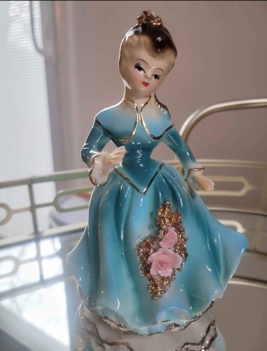 Pretty Vintage Nippon Yoko Boeki Woman in Teal Dress Large Pink Roses girl