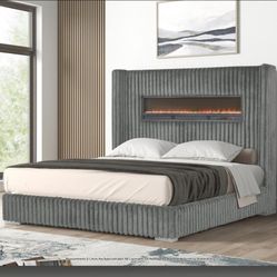 Beautiful Gray Bed With High Headboard With Fireplace