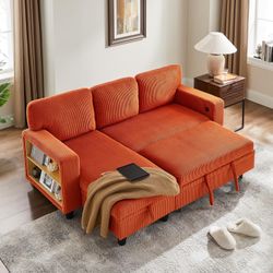 80” L-Shaped Sectional Couch with Storage Chaise,Built-in Bookshelves and USB Charging Ports - Caramel