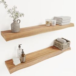 Howizz 36" Acacia Live Edge Floating Shelves Set of 2 - Wall Mounted Wooden Shelf for Stylish Home Décor - Teak Look Color 36x7.5x1.5 Inches