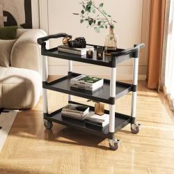 127#Utility Cart, 300 lbs Load Capacity, 3-tier Utility Plastic Cart with 360° Swivel Wheels (2 with Brakes), 24.4 x 16.1-inch Food Service Cart for W