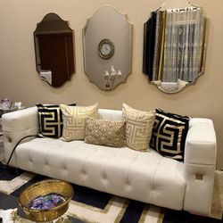 Two Beige Velvet Sofas Gold Accents No Pillows