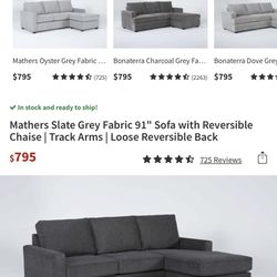 Mathers Slate Grey Fabric 91" Sofa with Reversible Chaise | Track Arms | Loose Reversible Back