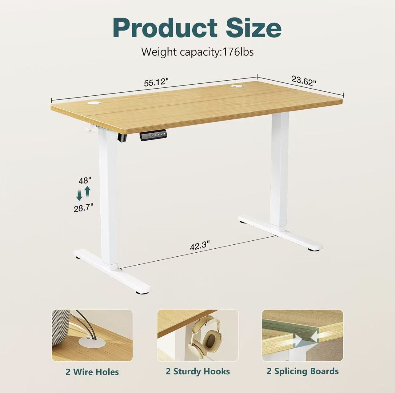 🥨55”Width Height Adjustable from 28.7''-48'' Electric Standing Desk, Stand up Desk with Splice Board, Modern Ergonomic Home Office Desks Rising Table