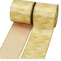 Wired Ribbon 2.5 inch Double Faced Gold Striped and Christmas Tree Printed Ribbon for Tree Garland, Wreath Bow, Xmas Crafts Decorations, 2 Rolls 10 Ya