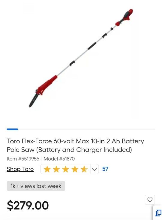 🆕️Toro Flex-Force 60-volt Max 10-in 2 Ah Battery Pole Saw (Battery and Charger Included)

Item #(contact info removed) |Model #51870

