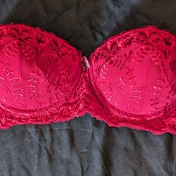 Womens Native Intimates 36B Red Nylon Bra W/ Tons Of Embroidery, Pushup Halter That You Can Add Straps To. 