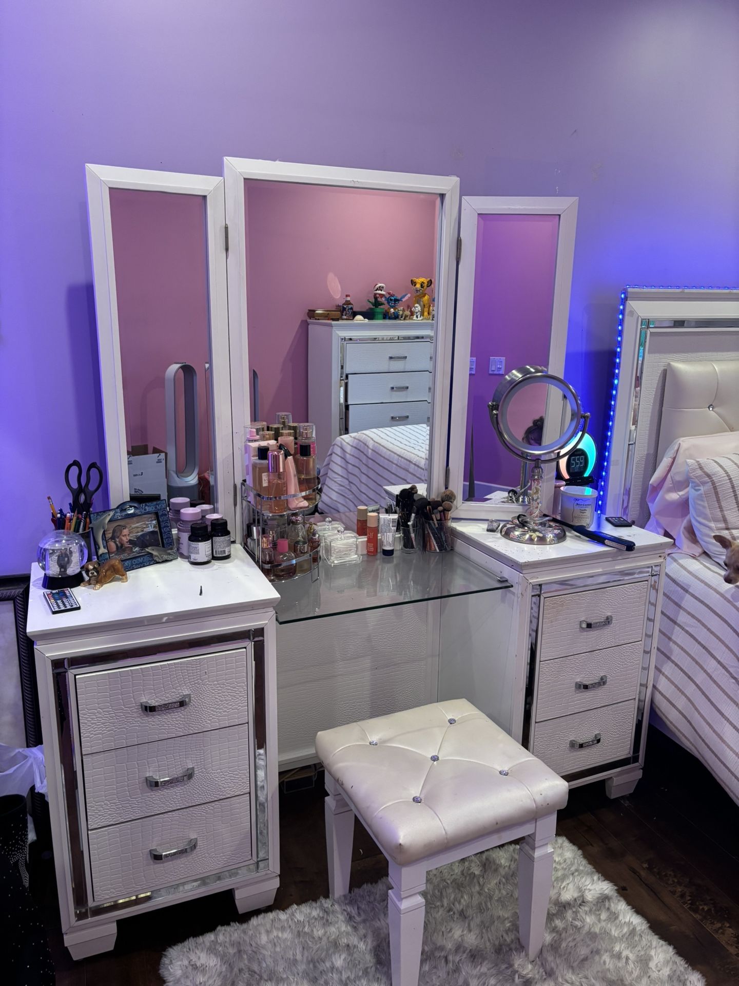 White Vanity with Rhinestones, Mirror, Glass Table, and Stool