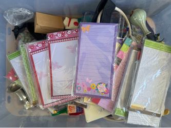 Box full of craft supplies, office supplies, trinkets