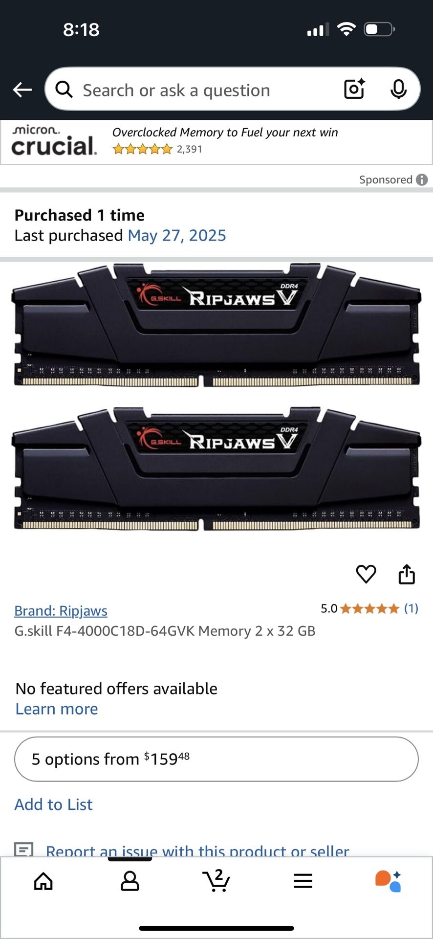 G.skill F4-4000C18D-64GVK Memory 2 x 32 GB