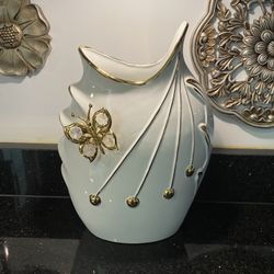 Rare Italian Modern Minimalist White Ceramic Vase with Butterfly & Golden Accents  13”H 9”W 