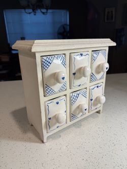 Vintage Blue & White Ceramic 6-Drawer Spice Chest Apothecary Cabinet