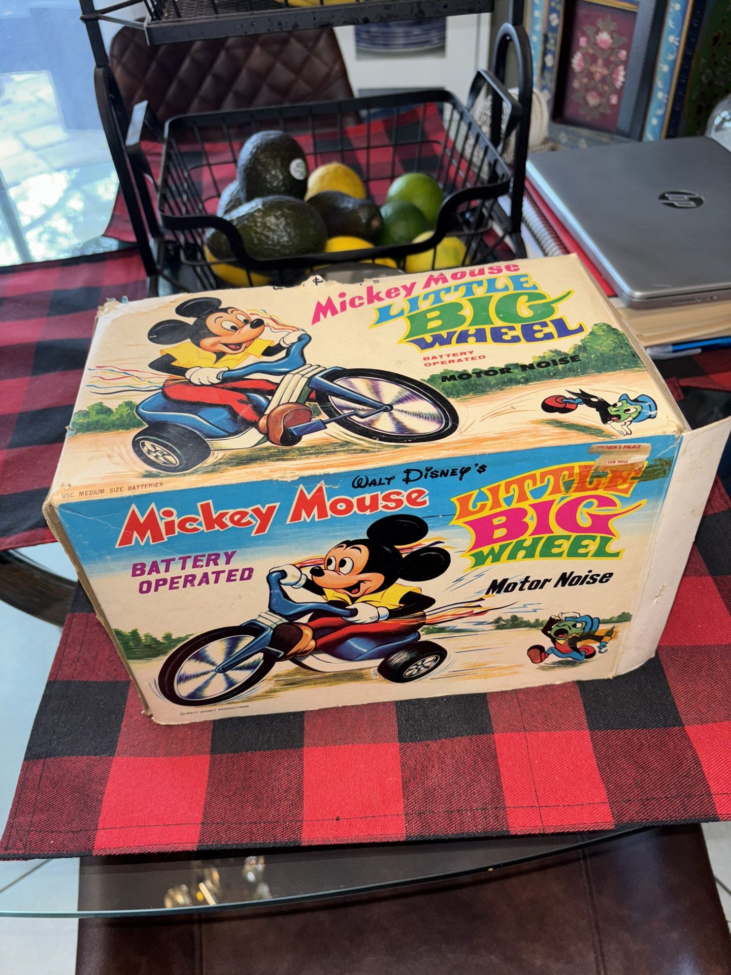 This is a vintage Walt Disney's Mickey Mouse "Little Big Wheel" battery-operated toy, likely from the 1960s-early
