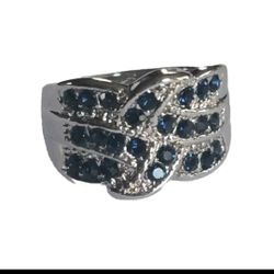 BLUE SAPPHIRE BLING TITANIUM FOREVER WEAR SILVER NEW SIZE 8 EXTRA WIDE BAND RING