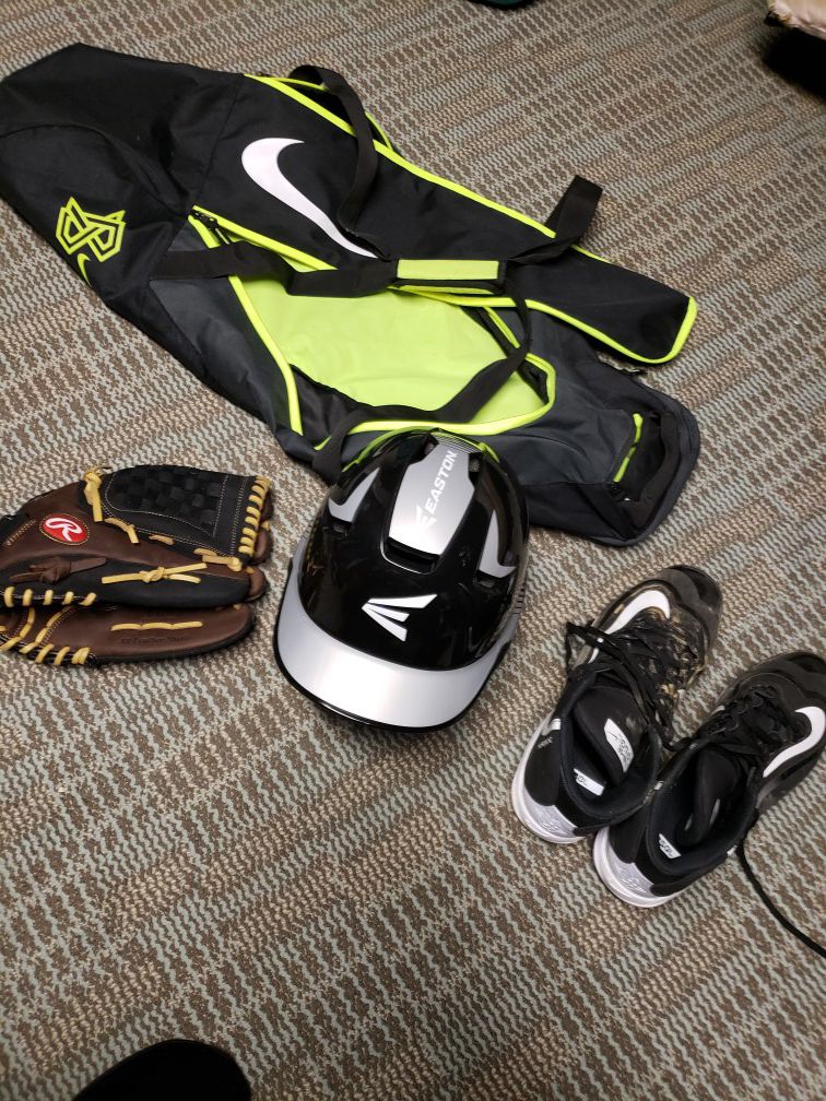 Baseball helmet, glove, bag, cleats/shoes