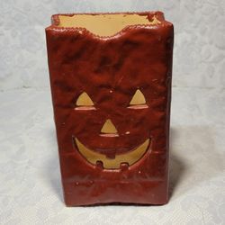 Vintage Terracotta Paper Bag Jack-O’-Lantern Candle Holder 10″ Rustic Halloween
