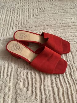 Vince Camuto Red Suede Mule Heels Square Toe Block Heel Slip On Size 7.5