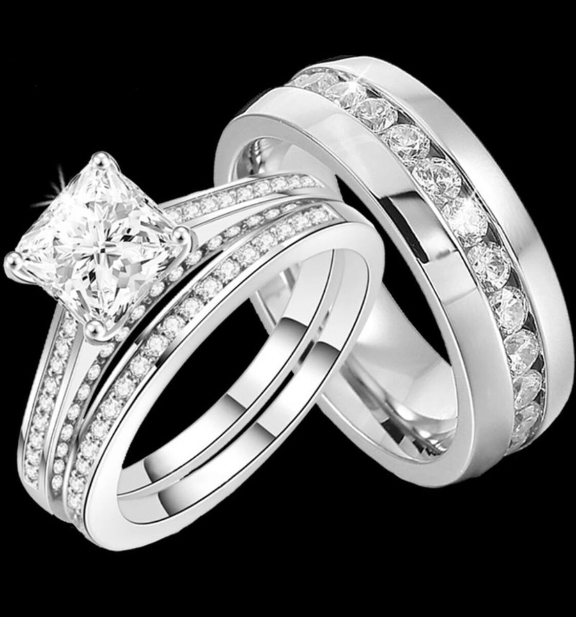 New 18 k white gold wedding ring set engagement ring his and hers