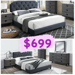 FULL OR QUEEN SIZE GRAY 4 PIECE BEDROOM SET BED DRESSER MIRROR - RECAMARA CAMA TOCADOR