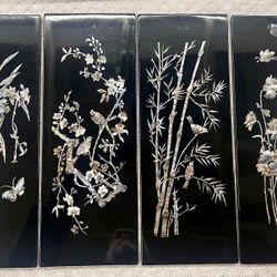 Vintage x4 Lacquer Wall Panels Mother Of Pearl Inlay Vietnam