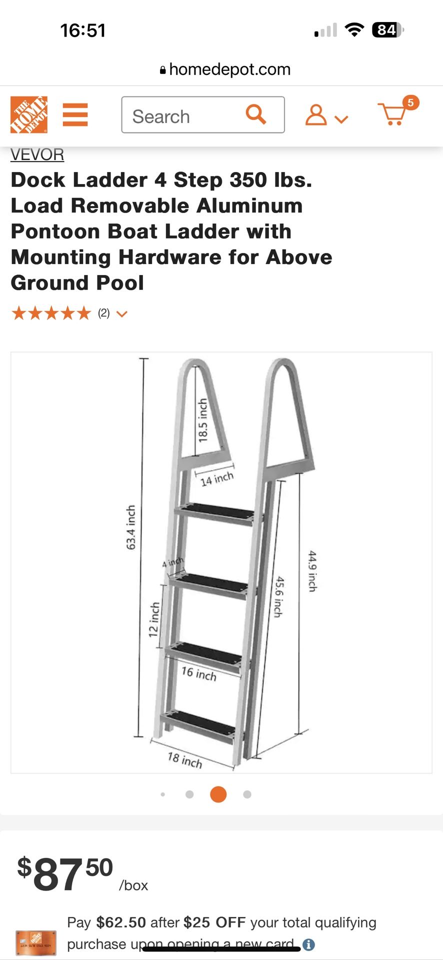 VEVOR Dock Ladder 4 Step 350 Ibs. Load Removable Aluminum Pontoon Boat Ladder with Mounting Hardware for Above Ground Pool