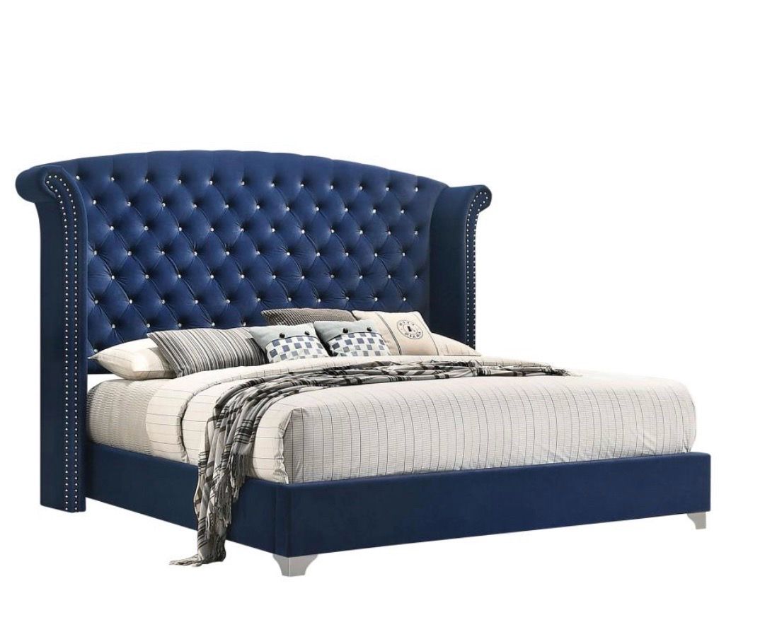 NEW QUEEN SIZE BLUE VELVET LUXURY BED WITHOUT MATTRESS INCLUDING FREE DELIVERY PAY UPON ARRIVAL