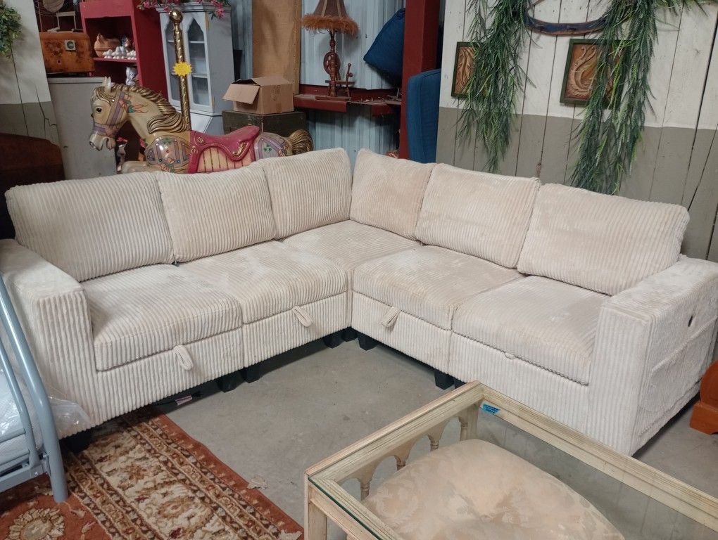 Corduroy Off-white Sectional With Storage Underneath 