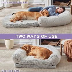 Human Dog Bed for Adult, 2 in 1 Foldable Giant Pet Bed for People with Egg Foam Mat & Washable Removable Cover, Faux Fur Orthopedic Human Sized Dog Be