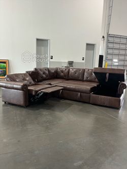 Brown Vegan Leather Power Reclining Sectional w Pop Up Bed & Storage