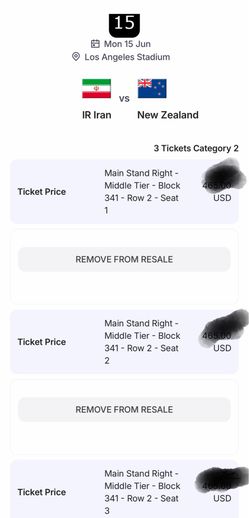 3 FIFA World Cup 2026 tickets Category 2 match 015 Iran vs New Zealand 6/15 SOFI Stadium soccer tickets