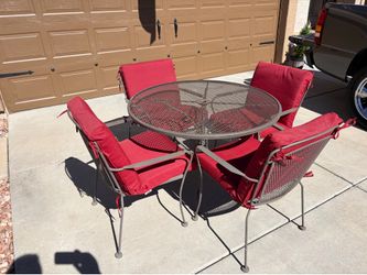 5 piece outdoor patio dining set round table armchairs heavy duty construction wrought iron metal