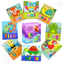 New Animal Wooden Puzzles with Letters Spelling, Montessori Toys for Toddlers 1-3, 8 Pack Baby Puzzle for Kids1 2 3+ Years Old, Preschoool Learning