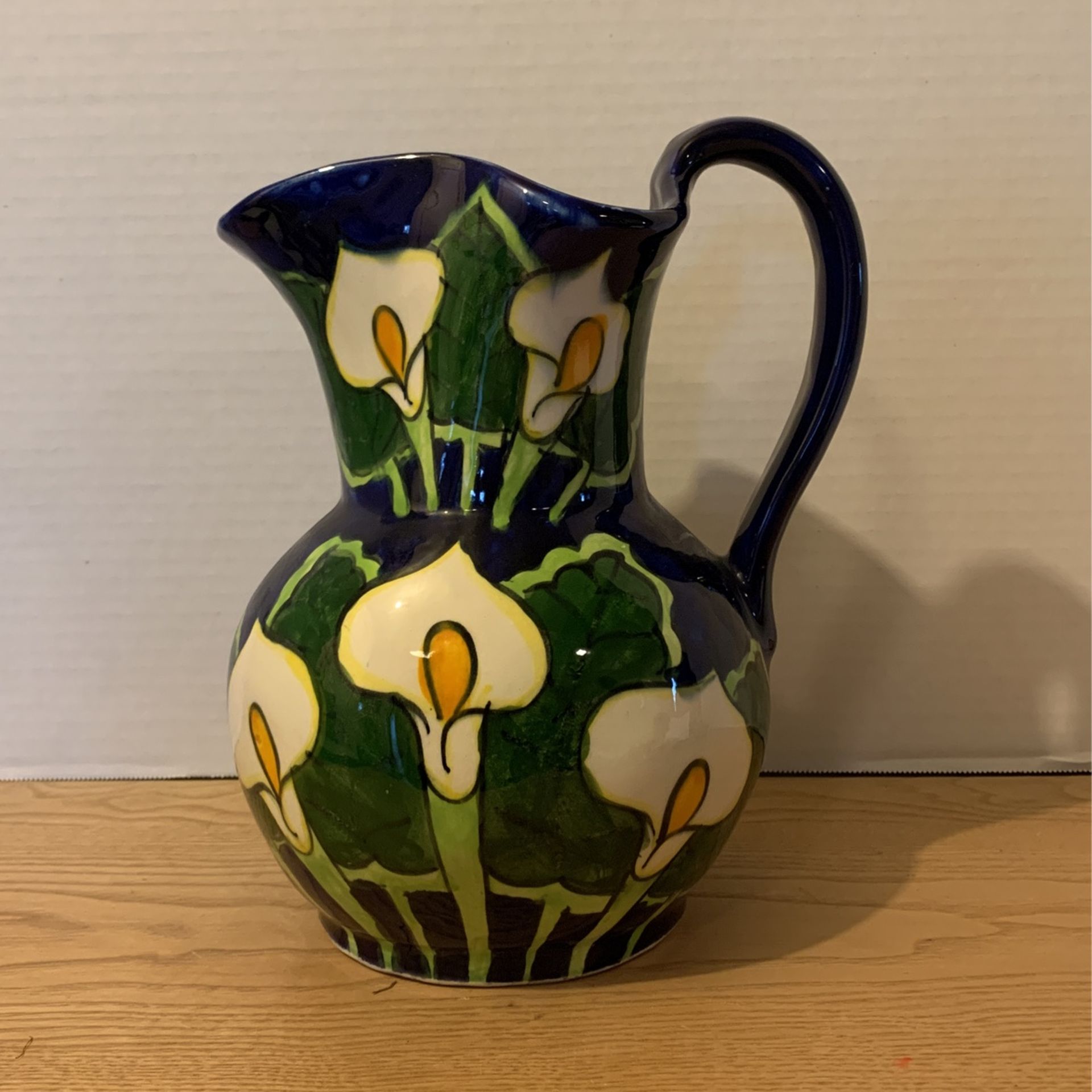 Talavera Pitcher Mexican Pottery Folk Art Calla Lily Flower Cobalt Signed 10 1/2” x 9” A26