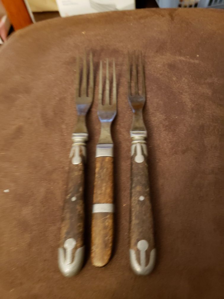 3 Vintage wood and silver fork with long tines